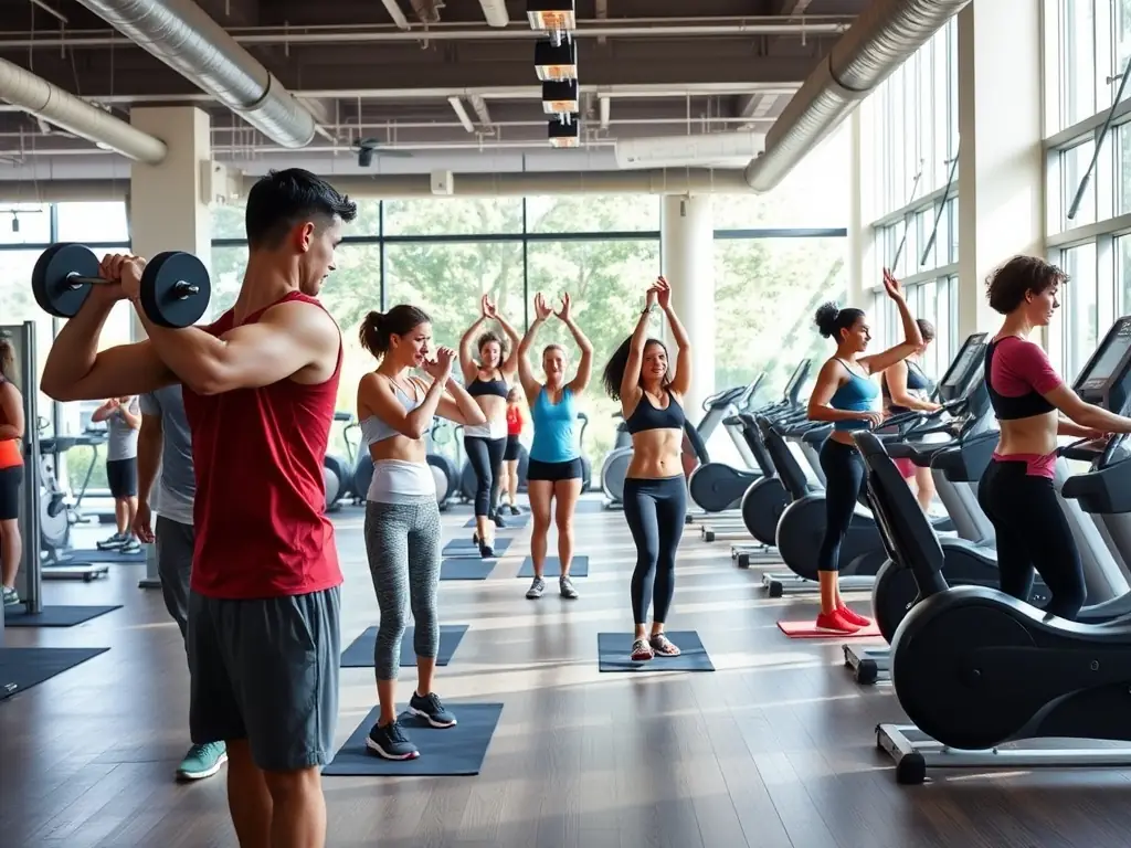 A scenic image of participants engaged in off-ice physical training, such as strength and conditioning exercises, in a well-equipped gym setting, emphasizing the importance of overall fitness for hockey players.