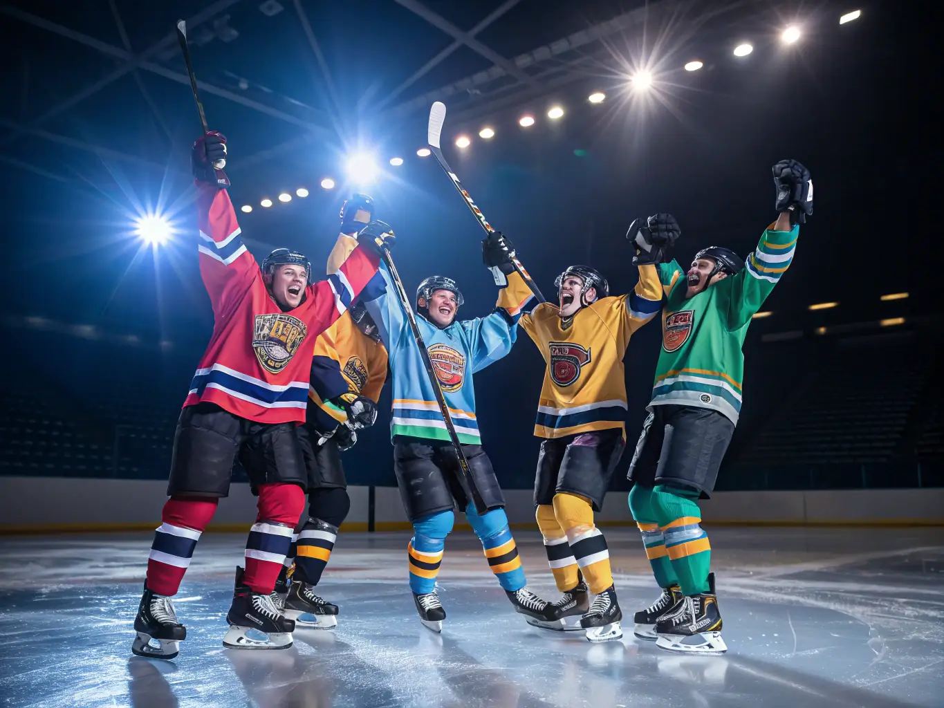 A photograph of a group of adult hockey players in full gear, celebrating a goal during a competitive match, capturing the intensity and camaraderie of the sport.