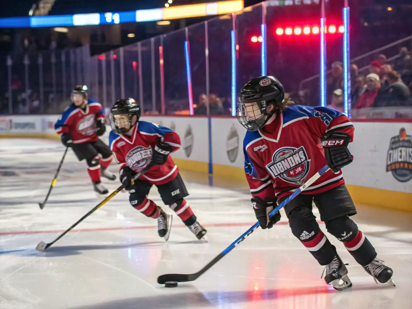 A dynamic action shot of young hockey players participating in a training drill on the ice, showcasing their agility and teamwork, with the HCB logo subtly visible in the background.